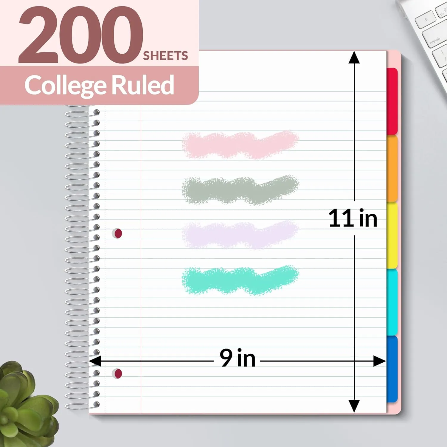 SUNEE 5 Subject Notebook College Ruled - 400 Pages, 9"x11", 5 Pocket Colored Dividers, 3-Hole Punched Paper, Pink