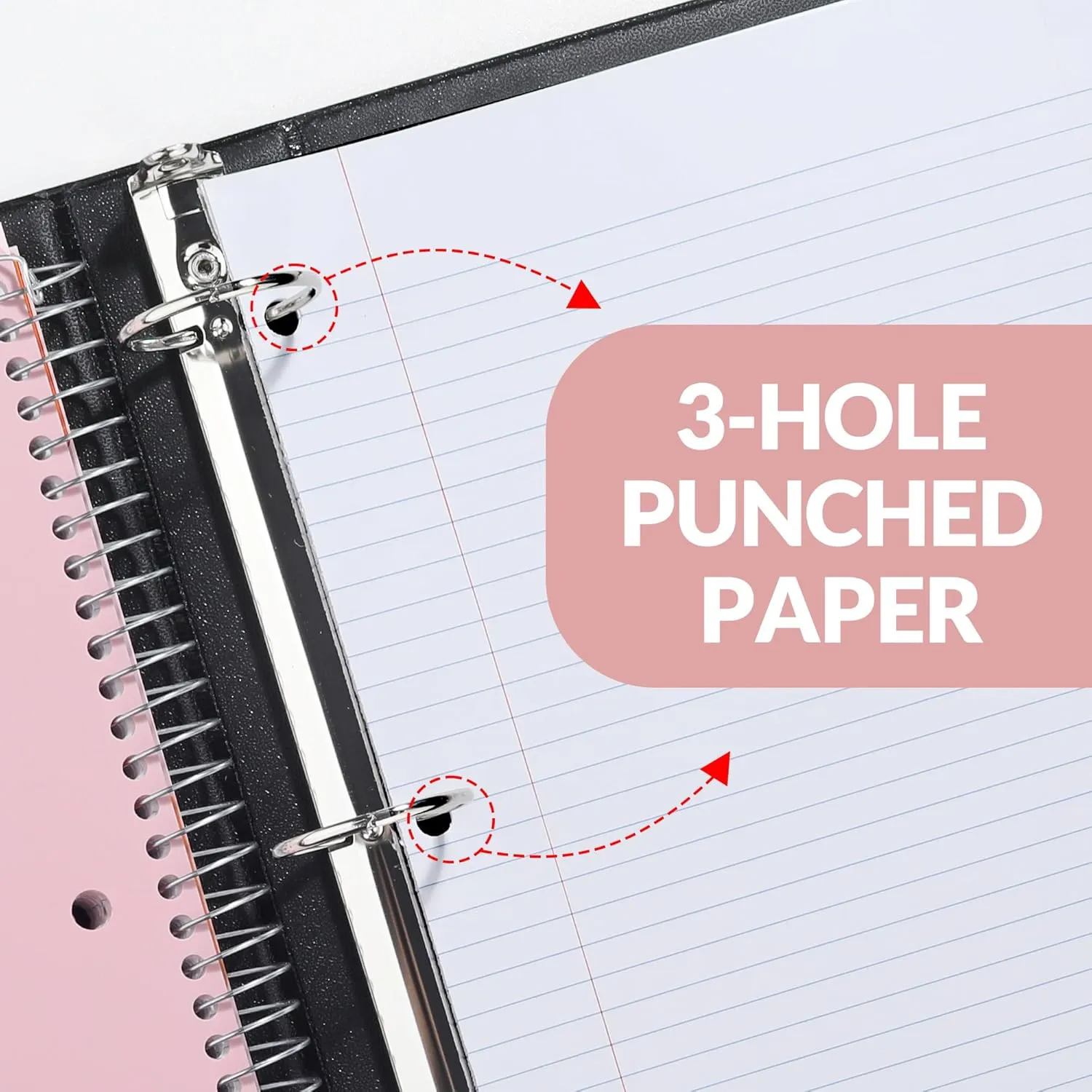 SUNEE 5 Subject Notebook College Ruled - 400 Pages, 9"x11", 5 Pocket Colored Dividers, 3-Hole Punched Paper, Pink