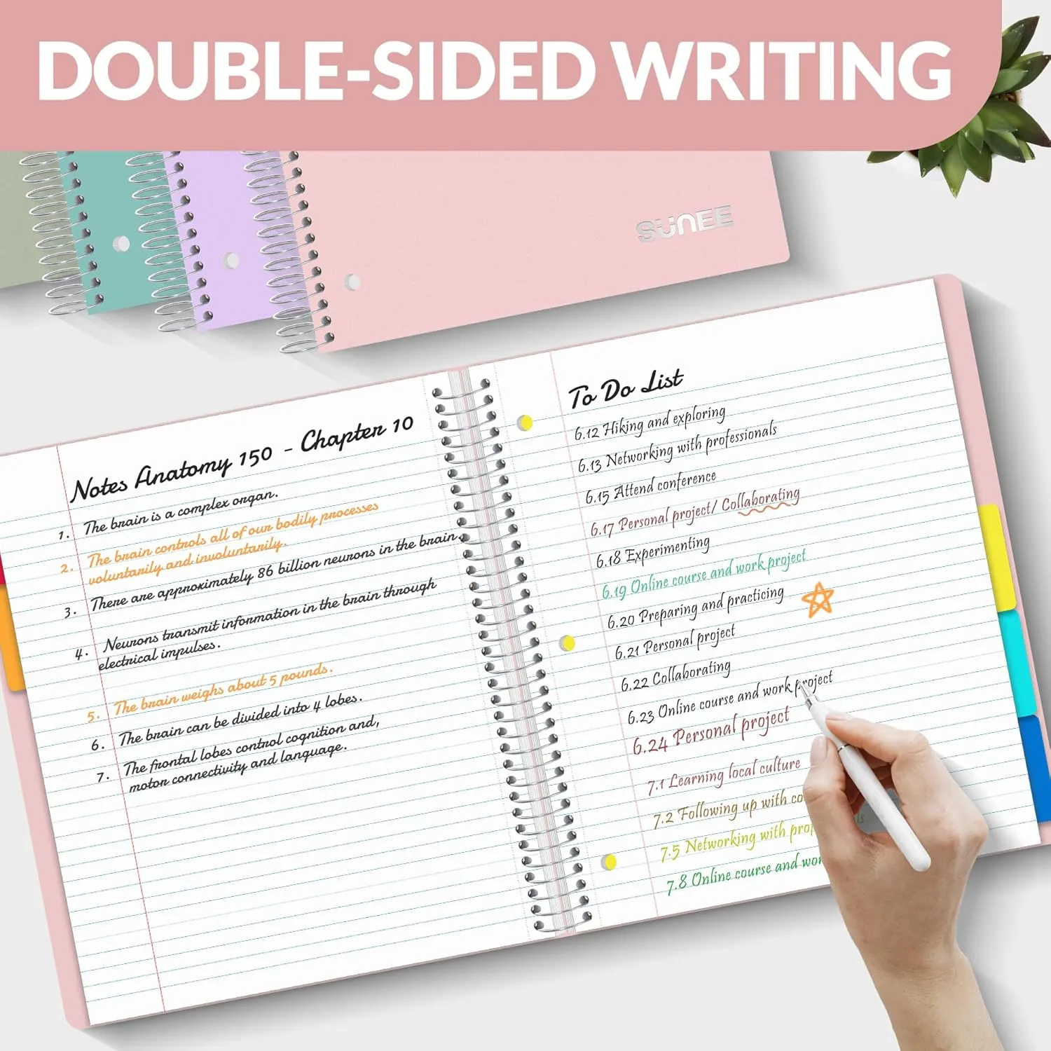 SUNEE 5 Subject Notebook College Ruled - 400 Pages, 9"x11", 5 Pocket Colored Dividers, 3-Hole Punched Paper, Pink