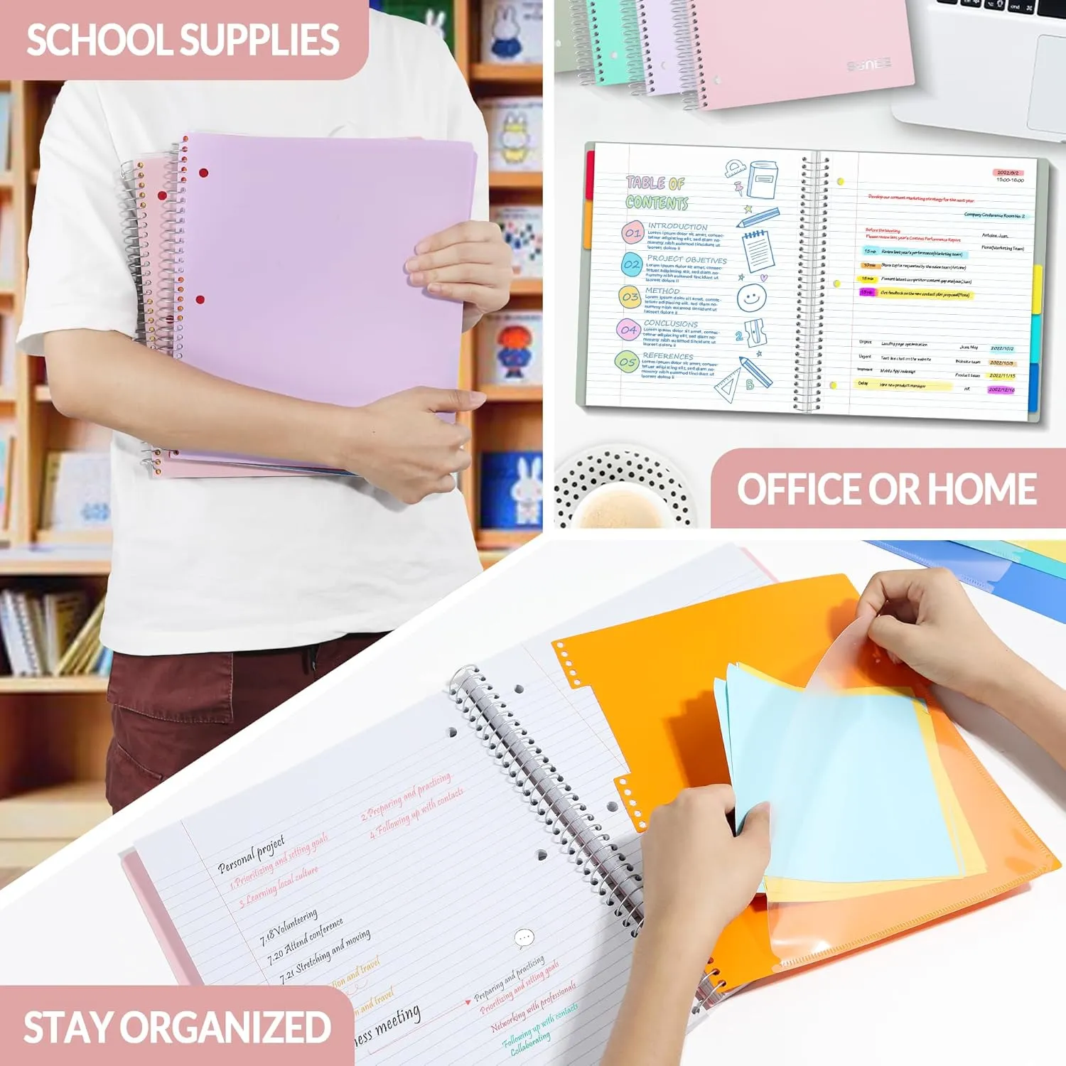SUNEE 5 Subject Notebook College Ruled - 400 Pages, 9"x11", 5 Pocket Colored Dividers, 3-Hole Punched Paper, Pink