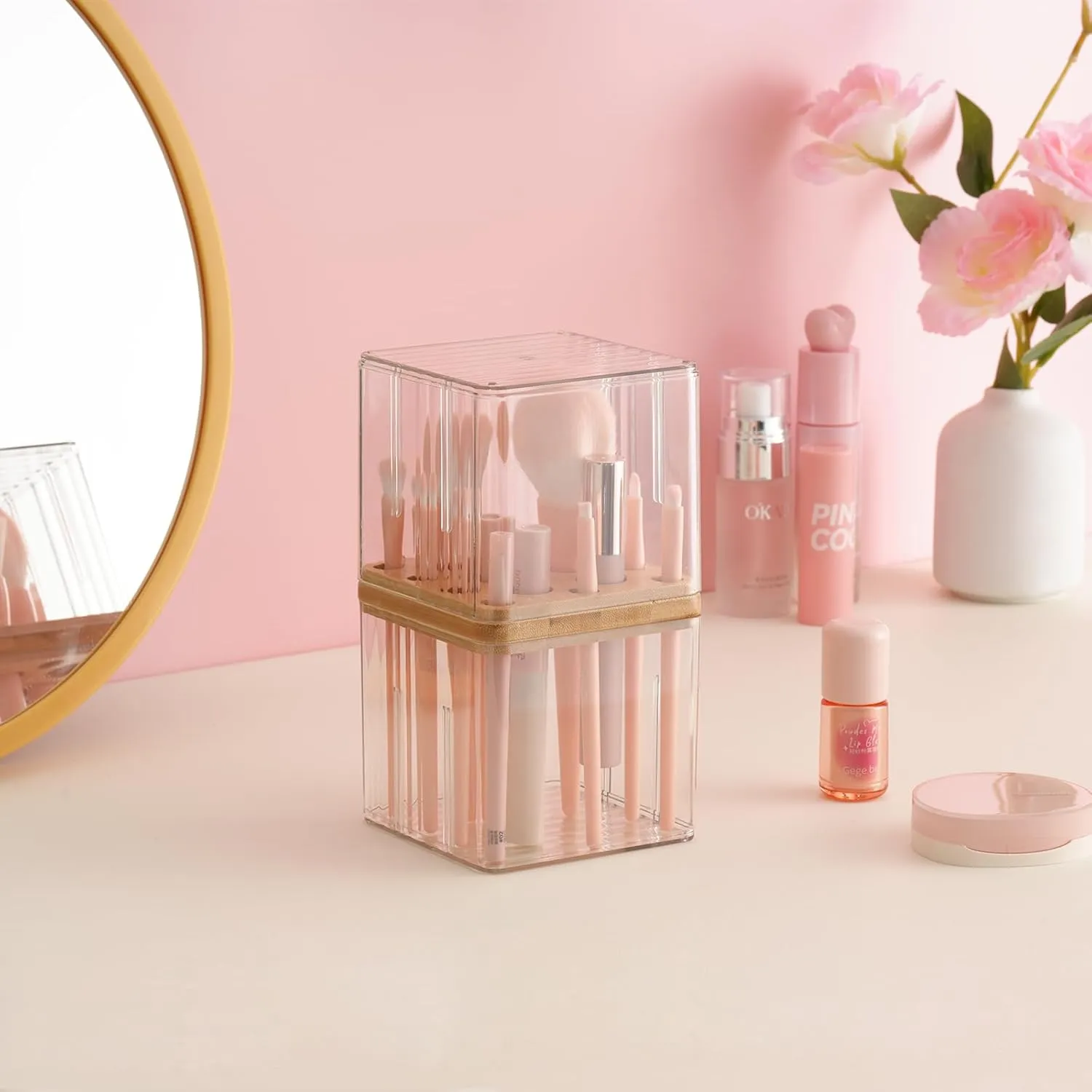 SUNFICON Makeup Brush Holder with Cover Makeup Brush Container With Lid Clear Makeup Brush Holder Organizer Waterproof Dustproof Beauty Brushes Storage Case Stand for Vanity Bathroom Countertop,Gift