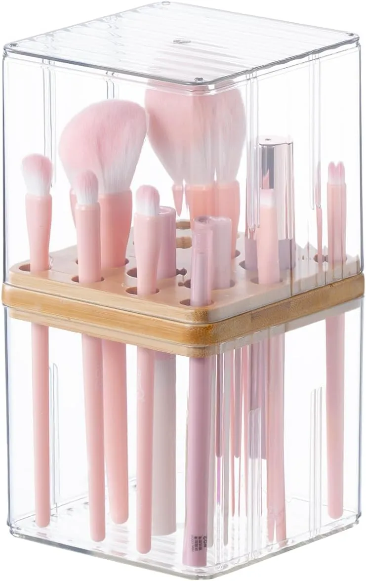 SUNFICON Makeup Brush Holder with Cover Makeup Brush Container With Lid Clear Makeup Brush Holder Organizer Waterproof Dustproof Beauty Brushes Storage Case Stand for Vanity Bathroom Countertop,Gift