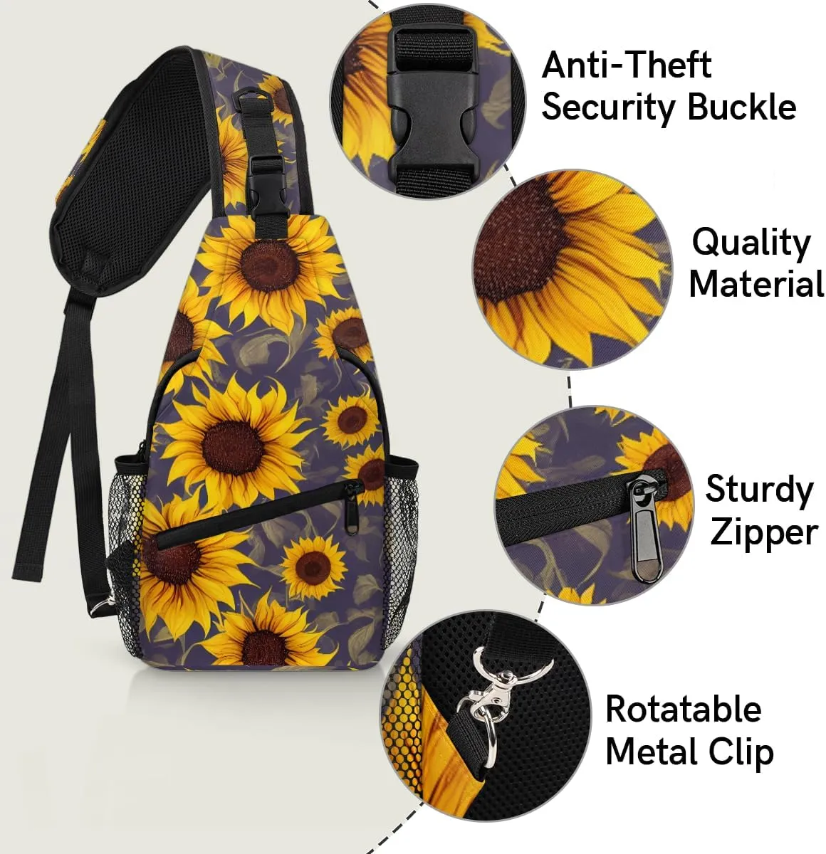 Sunflower Seamless Pattern Sling Backpack for Women Men Waterproof Antitheft Chest Bag Lightweight Travel Crossbody Shoulder Bag for Shopping Outdoor Leisure Sports Mountaineering Riding
