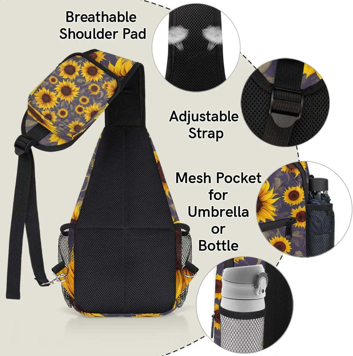 Sunflower Seamless Pattern Sling Backpack for Women Men Waterproof Antitheft Chest Bag Lightweight Travel Crossbody Shoulder Bag for Shopping Outdoor Leisure Sports Mountaineering Riding