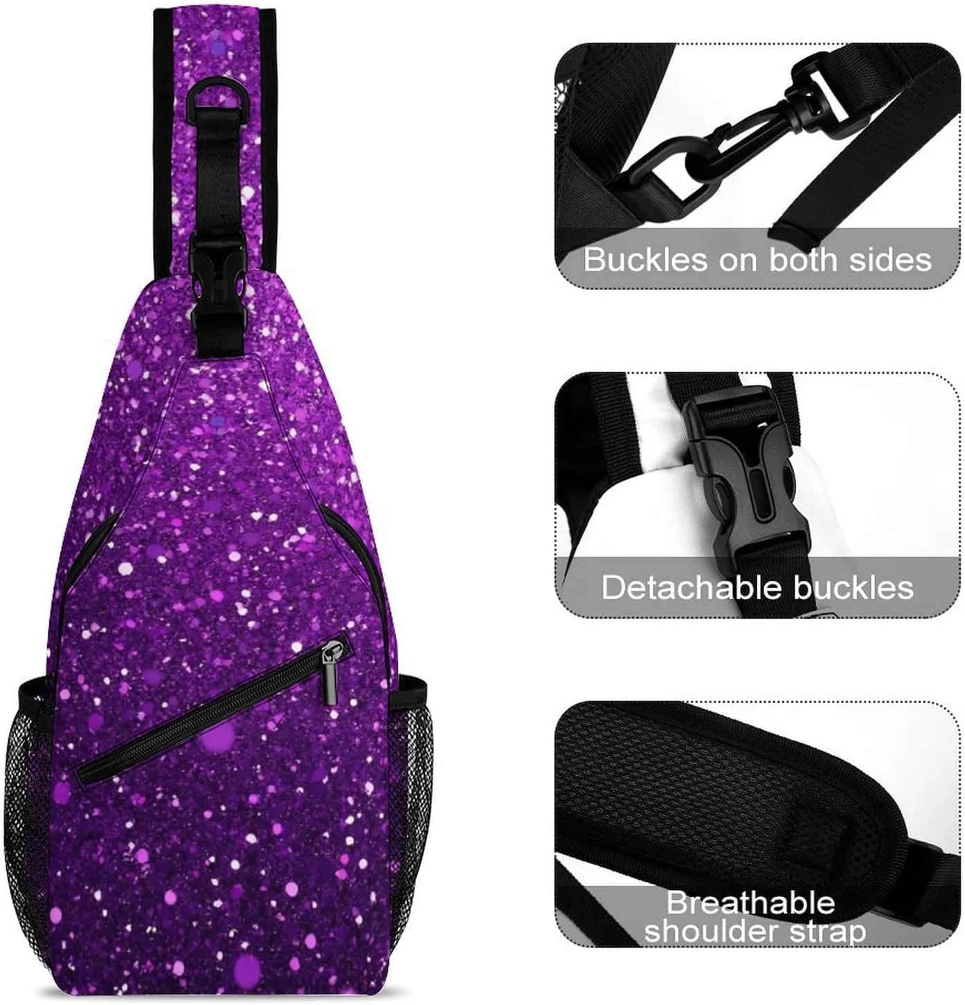 Supdreamc Sling Shoulder Backpack for Women Men Anti-Theft Multipurpose Satchel Bookbags Travel Rucksack Daypack Camera Case, Beautiful Dark Purple Bling Glitter Sparkles Pattern Crossbody Daypacks