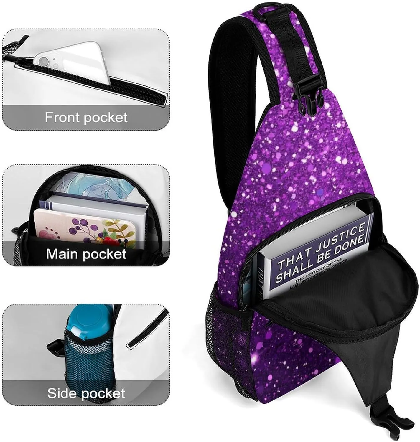 Supdreamc Sling Shoulder Backpack for Women Men Anti-Theft Multipurpose Satchel Bookbags Travel Rucksack Daypack Camera Case, Beautiful Dark Purple Bling Glitter Sparkles Pattern Crossbody Daypacks