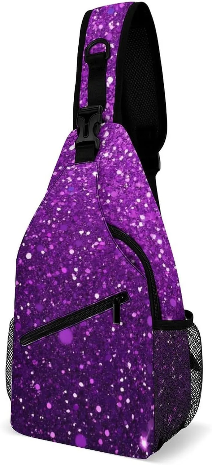 Supdreamc Sling Shoulder Backpack for Women Men Anti-Theft Multipurpose Satchel Bookbags Travel Rucksack Daypack Camera Case, Beautiful Dark Purple Bling Glitter Sparkles Pattern Crossbody Daypacks