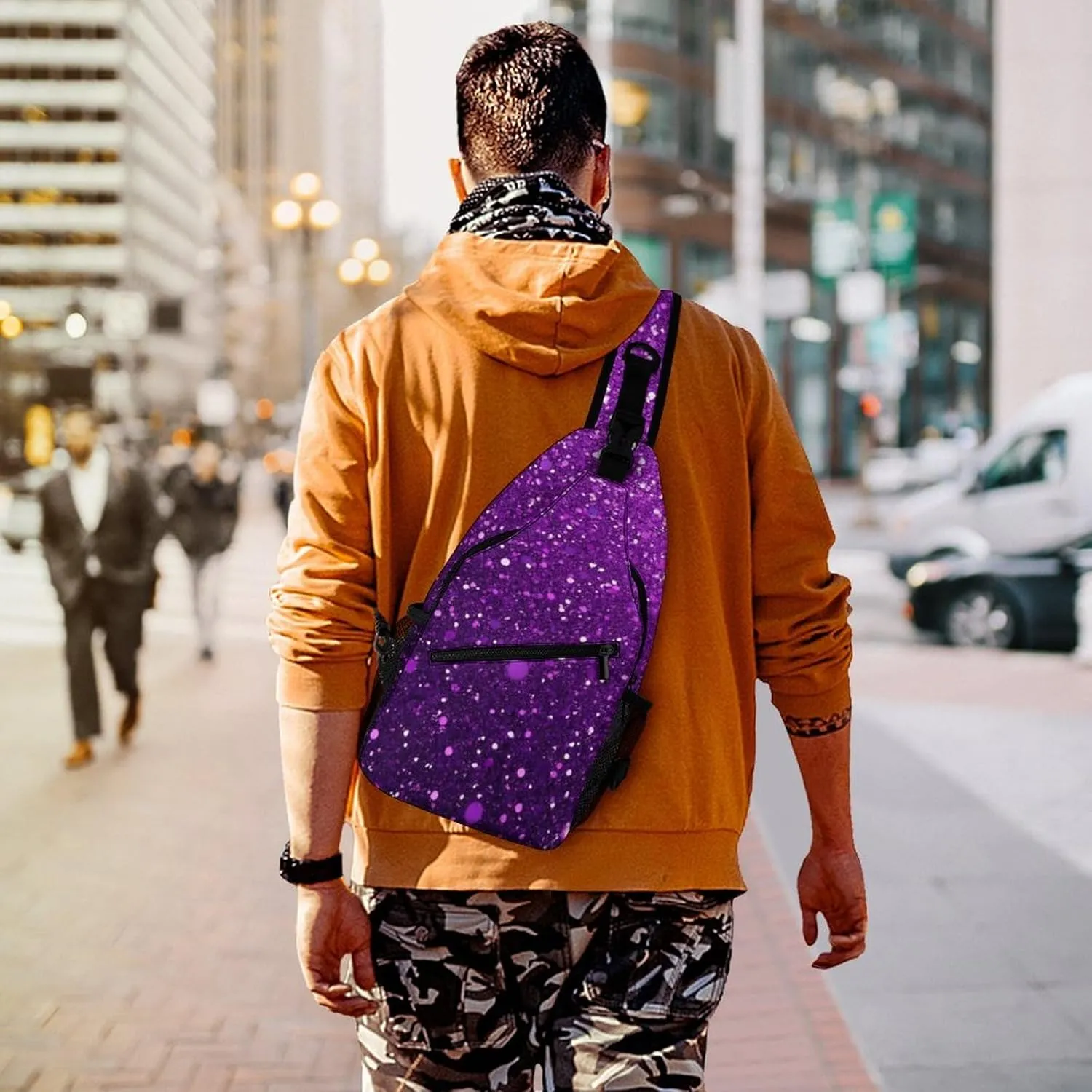 Supdreamc Sling Shoulder Backpack for Women Men Anti-Theft Multipurpose Satchel Bookbags Travel Rucksack Daypack Camera Case, Beautiful Dark Purple Bling Glitter Sparkles Pattern Crossbody Daypacks