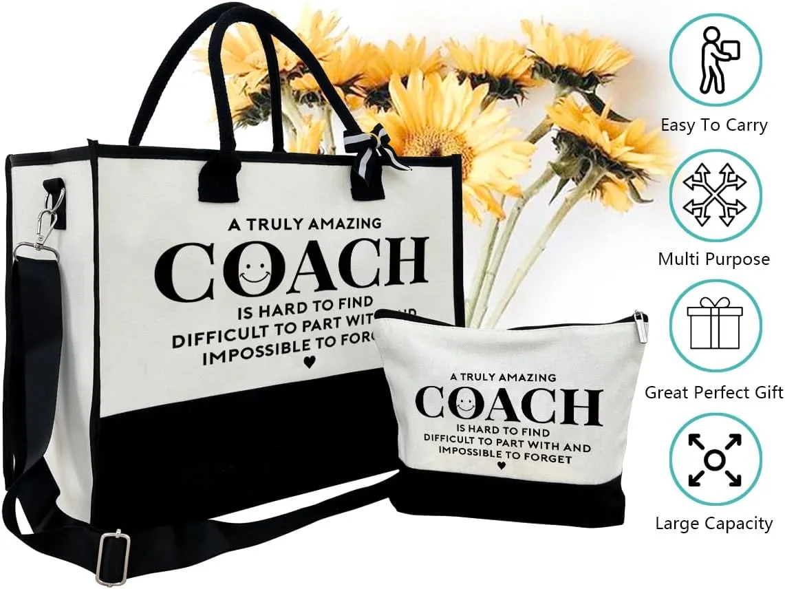 SUSZDOU Amazing Coach Tote Bag, Canvas Tote Bag for Women with Zipper Closure, Shoulder Beach Bag, Thank You Gift for Female Coach, Female Trainers Gifts for Women, Makeup Bag