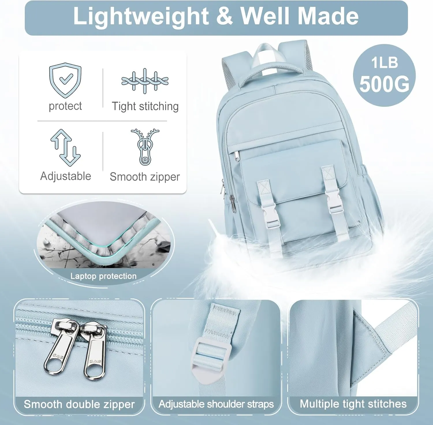 suwasp School Backpack for Girls Teen Students Bookbag - Large Capacity with 2 Compartments 15.6inch Laptop Backpacks, High Density Sturdy Stitched Shoulder Straps, Lightweight Casual Daypack, Blue