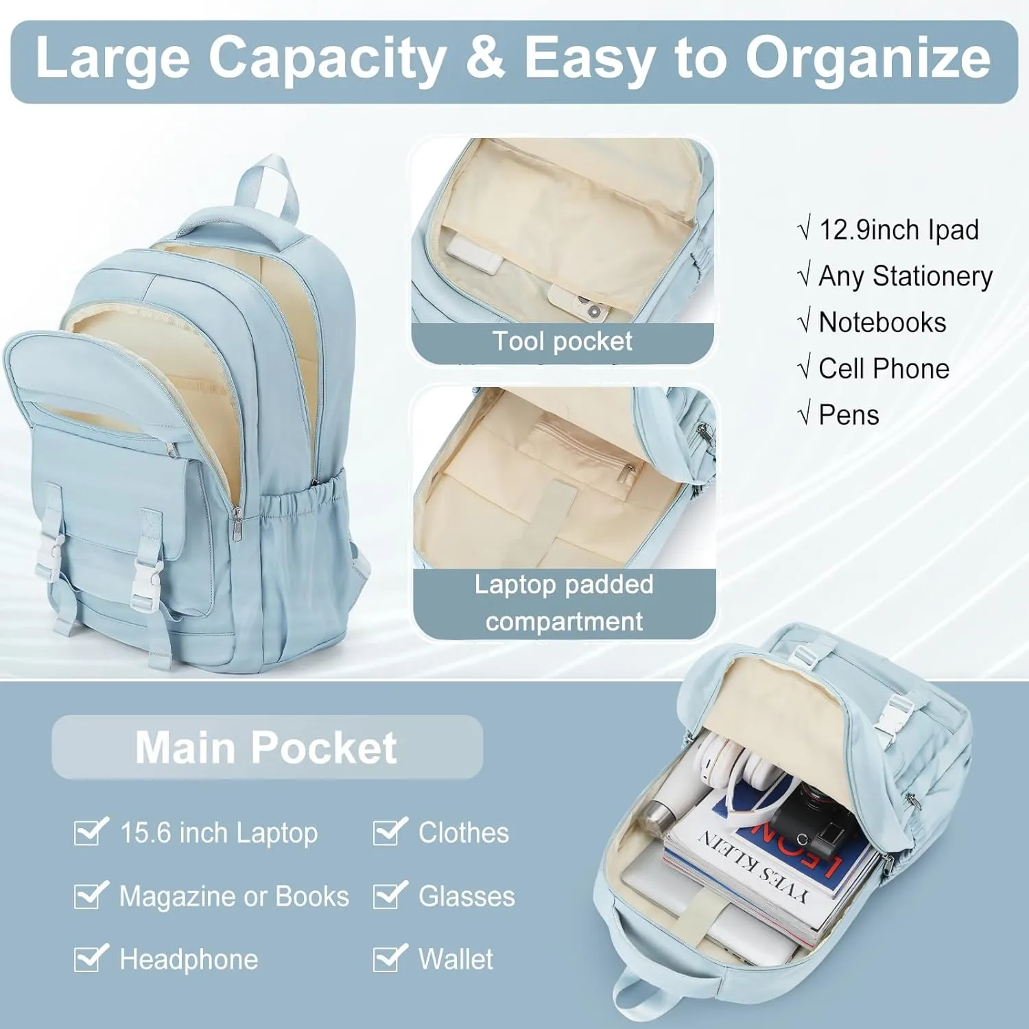 suwasp School Backpack for Girls Teen Students Bookbag - Large Capacity with 2 Compartments 15.6inch Laptop Backpacks, High Density Sturdy Stitched Shoulder Straps, Lightweight Casual Daypack, Blue