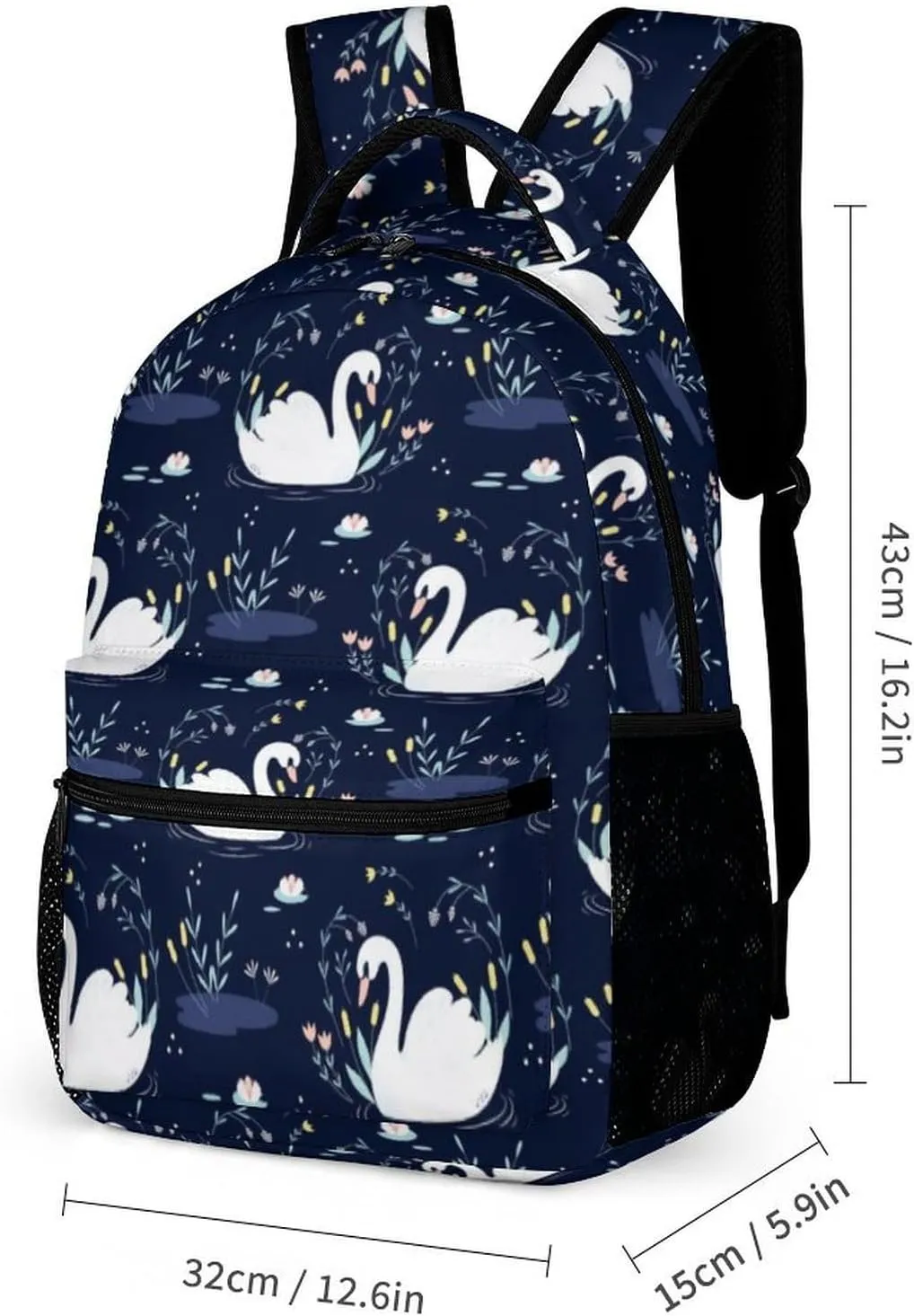 Swan Backpack with Lunch Box & Pencil Case, 16 Inch Cute Swans Themed Bookbag, Adjustable Lightweight Large Capacity, Colorful Daily Casual Backpacks Set with Lunch Bag