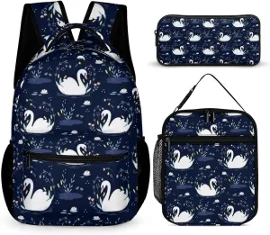 Swan Backpack with Lunch Box & Pencil Case, 16 Inch Cute Swans Themed Bookbag, Adjustable Lightweight Large Capacity, Colorful Daily Casual Backpacks Set with Lunch Bag