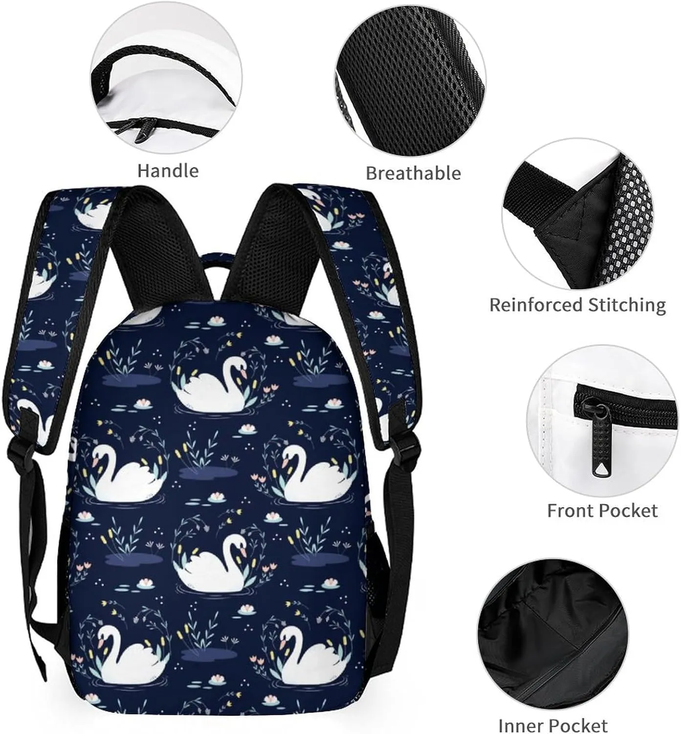 Swan Backpack with Lunch Box & Pencil Case, 16 Inch Cute Swans Themed Bookbag, Adjustable Lightweight Large Capacity, Colorful Daily Casual Backpacks Set with Lunch Bag