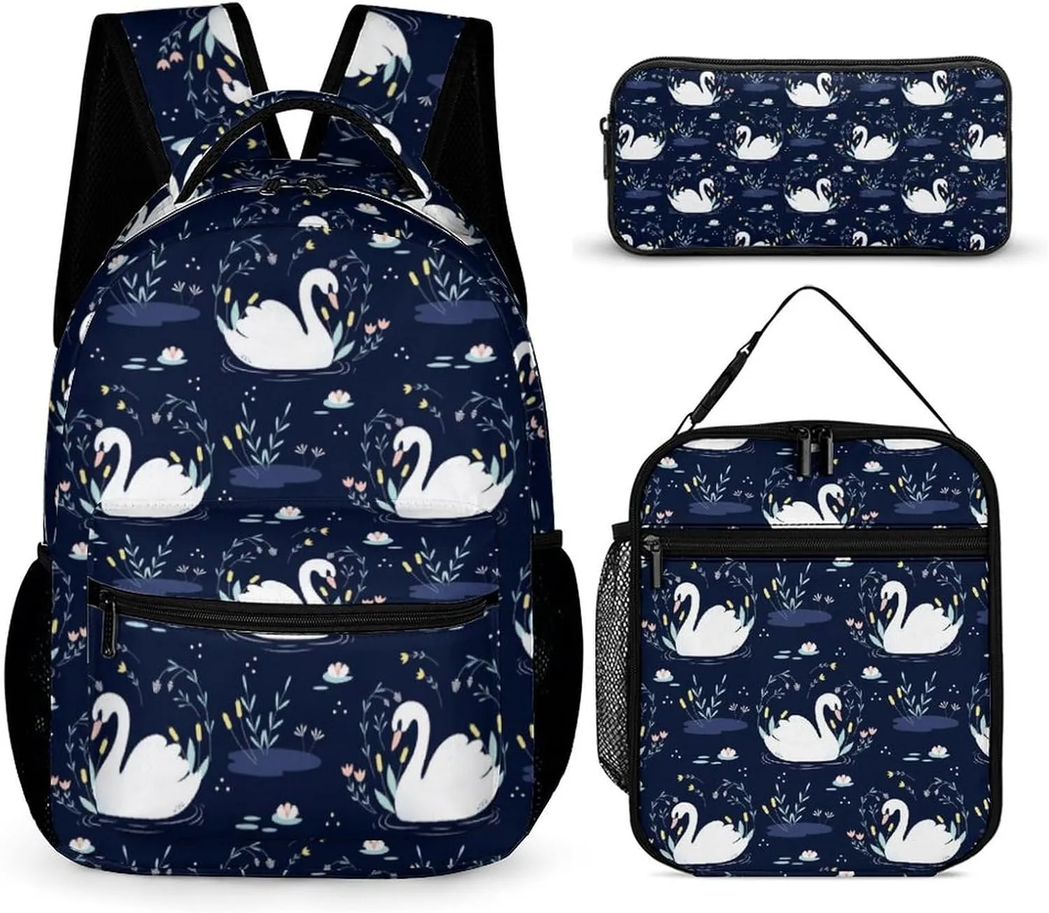 Swan Backpack with Lunch Box & Pencil Case, 16 Inch Cute Swans Themed Bookbag, Adjustable Lightweight Large Capacity, Colorful Daily Casual Backpacks Set with Lunch Bag