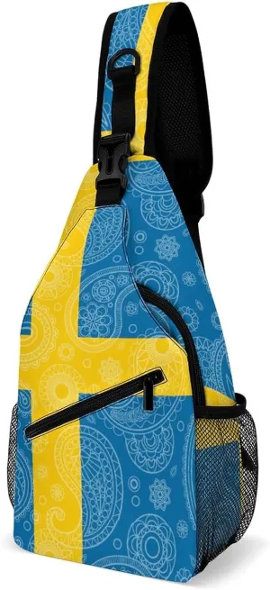 Sweden Flag Paisley Pattern Funny Crossbody Sling Bag Novelty Chest Bags Shoulder Backpack For Travel Hiking 15×8×4 Inches