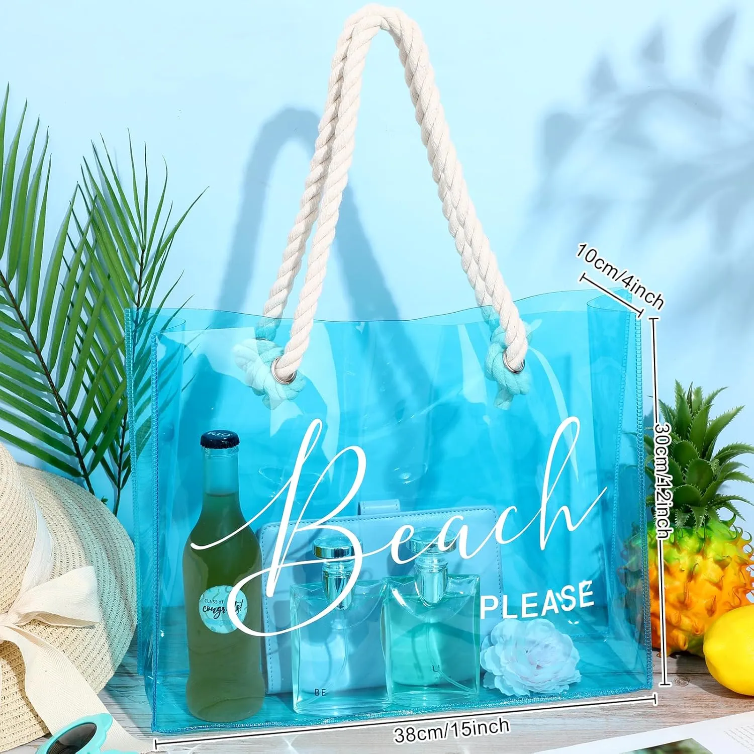 Sweetude Clear Beach Tote Bag Transparent Plastic PVC Women's Large Tote Waterproof Stadium Bags for Girl Summer Pool Party(Blue)