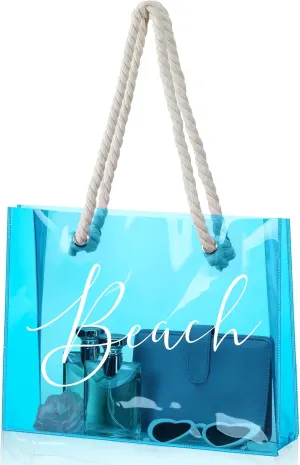 Sweetude Clear Beach Tote Bag Transparent Plastic PVC Women's Large Tote Waterproof Stadium Bags for Girl Summer Pool Party(Blue)
