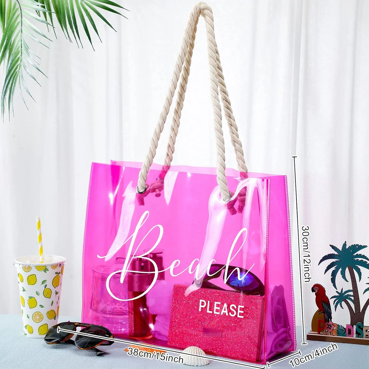 Sweetude Clear Beach Tote Bag Transparent Plastic PVC Women's Large Tote Waterproof Stadium Bags for Girl Summer Pool Party(Pink)