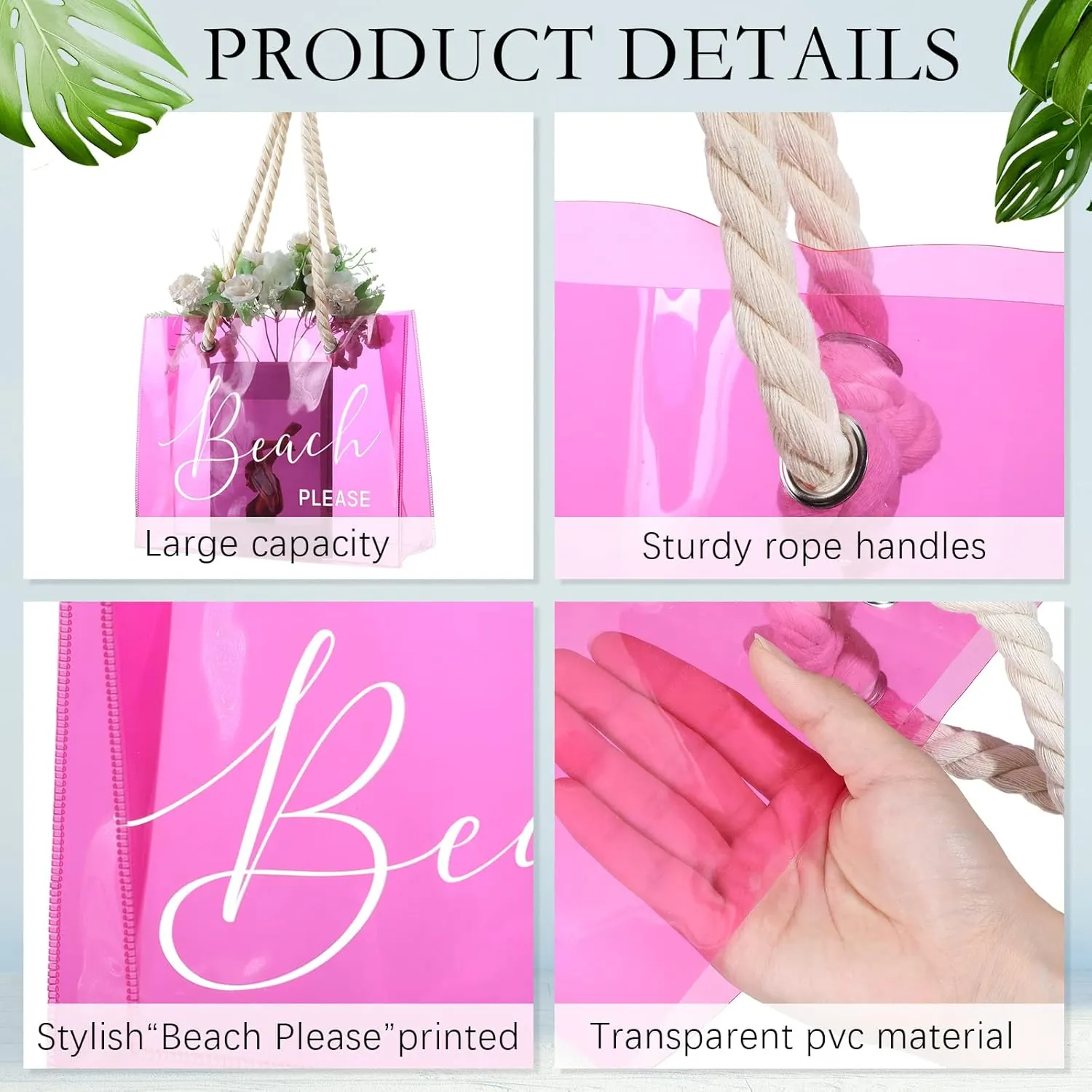 Sweetude Clear Beach Tote Bag Transparent Plastic PVC Women's Large Tote Waterproof Stadium Bags for Girl Summer Pool Party(Pink)