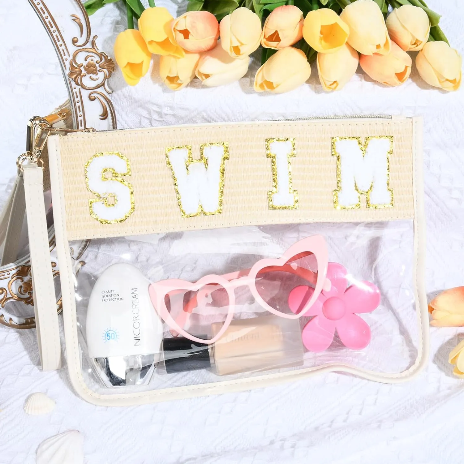 SWIM Bag Sunscreen Makeup Bag Chenille Letter Pouch Clear Travel Zipper Nylon Cosmetic SWIM Pouch Organizer Sunscreen Toiletry Waterproof Summer Travel Gifts for Women