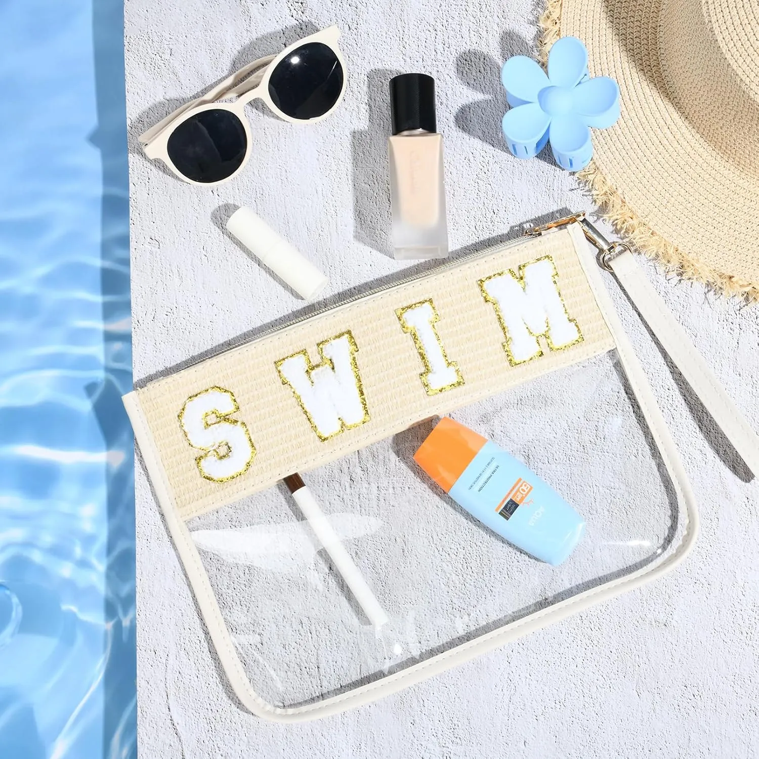 SWIM Bag Sunscreen Makeup Bag Chenille Letter Pouch Clear Travel Zipper Nylon Cosmetic SWIM Pouch Organizer Sunscreen Toiletry Waterproof Summer Travel Gifts for Women