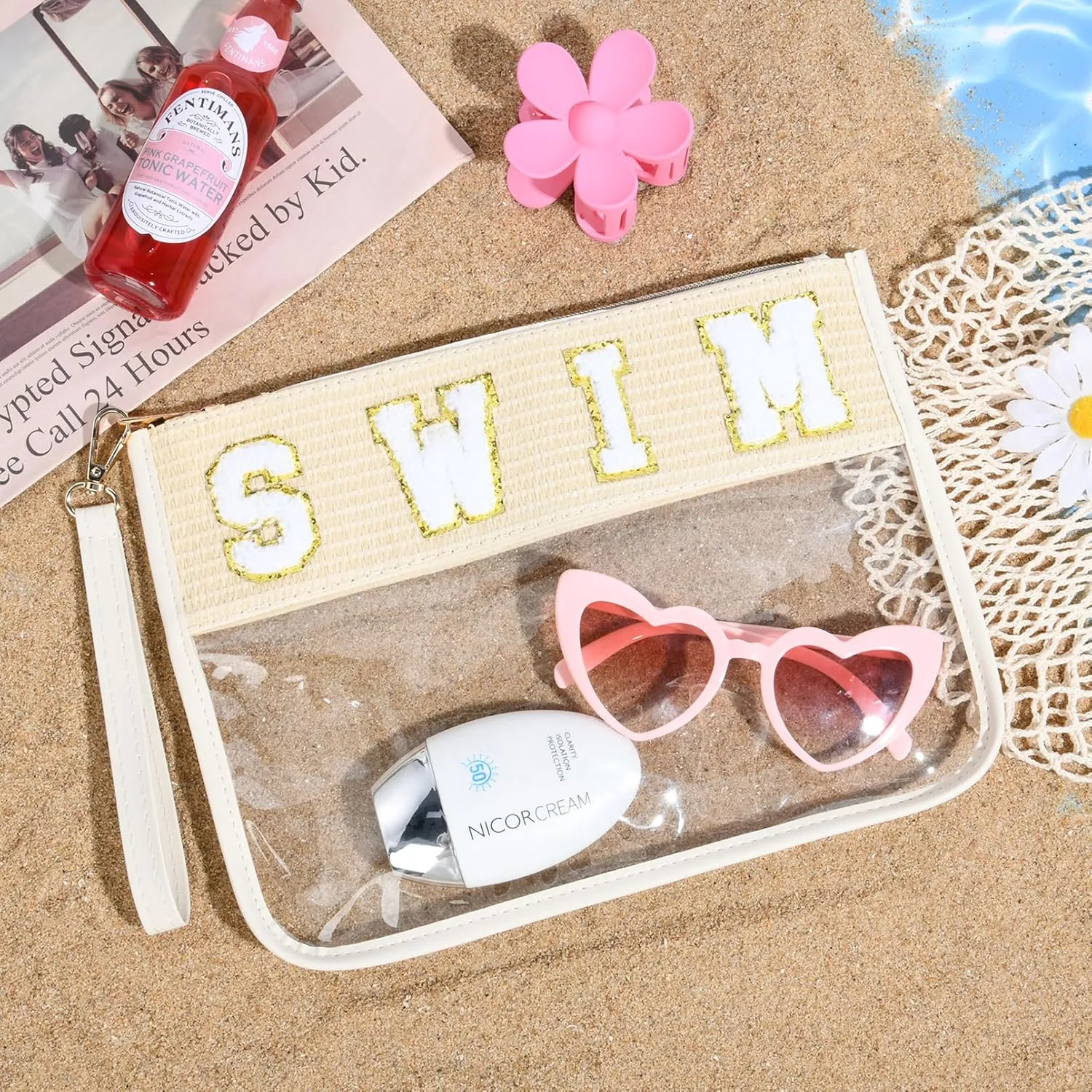 SWIM Bag Sunscreen Makeup Bag Chenille Letter Pouch Clear Travel Zipper Nylon Cosmetic SWIM Pouch Organizer Sunscreen Toiletry Waterproof Summer Travel Gifts for Women