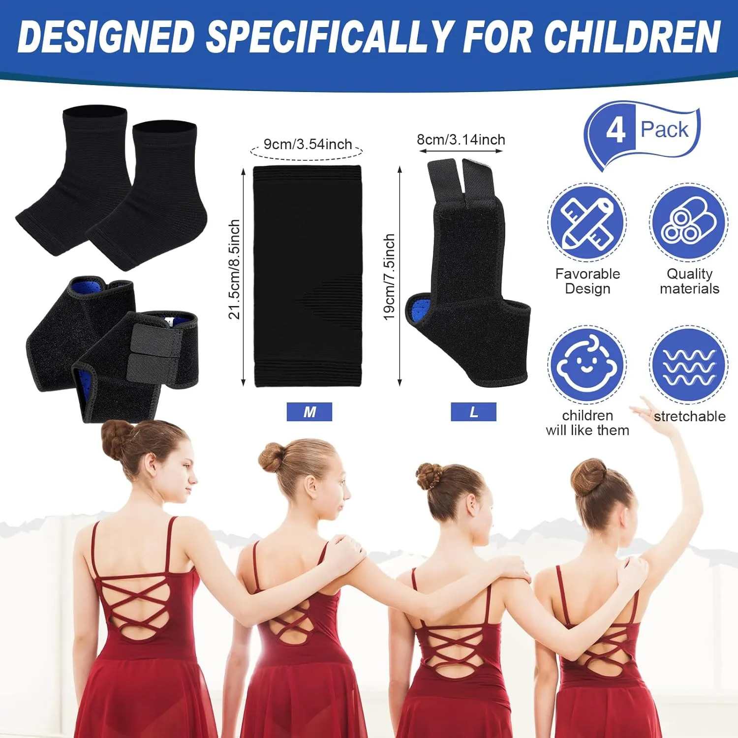 Tarpop 2 Pairs Kids Ankle Brace Set Foot Support Stabilizer Wraps Protector Guard Knitted Ankle Sleeve Sock Support Compression Socks for Injury Prevention(Black,Large)