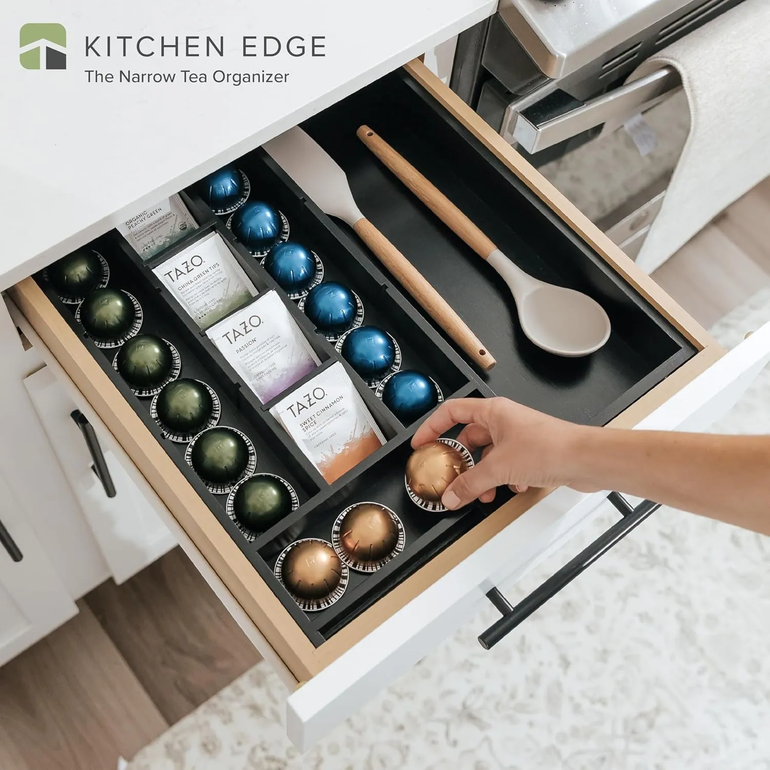 Tea Bag and Coffee Pod Kitchen Drawer Organizer, Expandable 9.7 to 17 Inches, 10 Storage Compartments, Adjustable Wall Inserts, Non-Slip Feet, Food-Safe Black Finish, 100% Bamboo Wood