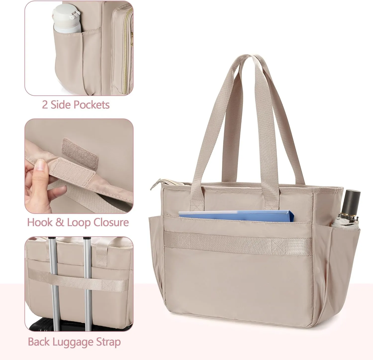 Teacher Tote Bag with Accordion File Organizer Pocket, Large Teacher Work Utility Bag for Women, Light Tan (Patent Design)