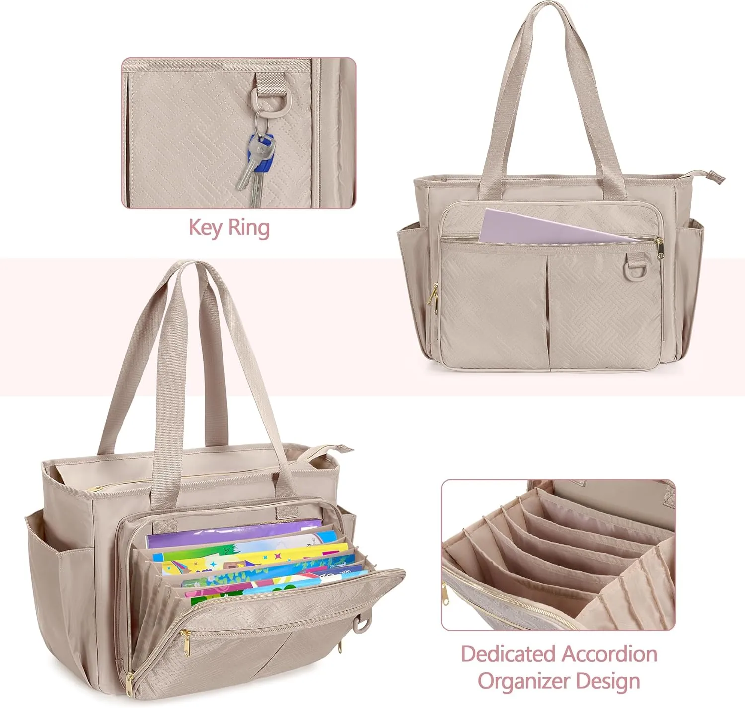 Teacher Tote Bag with Accordion File Organizer Pocket, Large Teacher Work Utility Bag for Women, Light Tan (Patent Design)