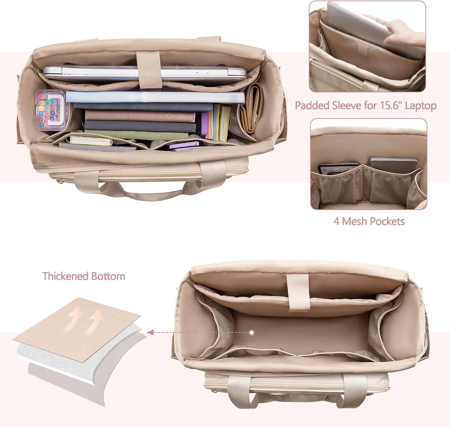 Teacher Tote Bag with Accordion File Organizer Pocket, Large Teacher Work Utility Bag for Women, Light Tan (Patent Design)