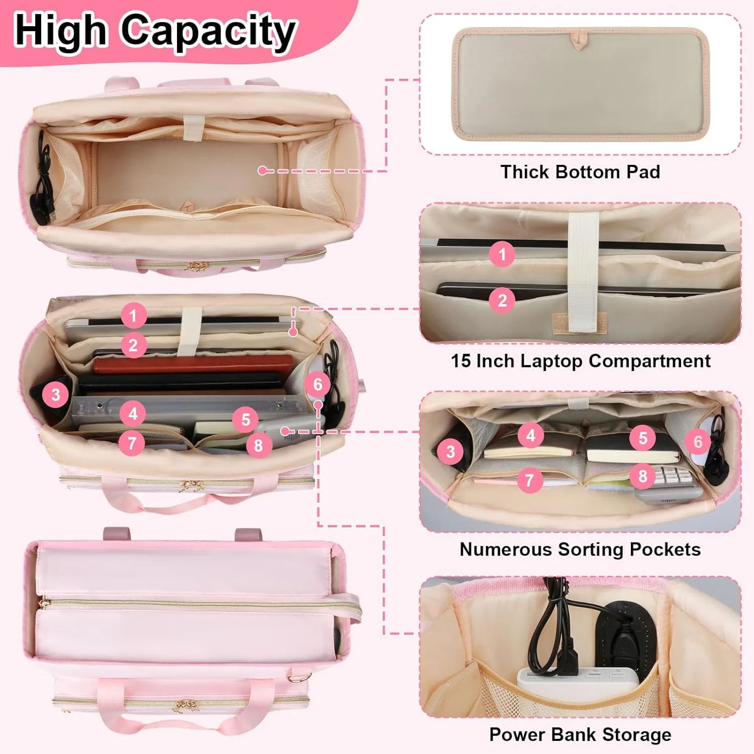 Teacher Tote Bag with Accordion File Organizer Pocket, Soft Nylon Utility Bag with 15.6 inch Laptop Compartment & USB Port, Large Work Tote Bag for Office Supplies Women (Pink)