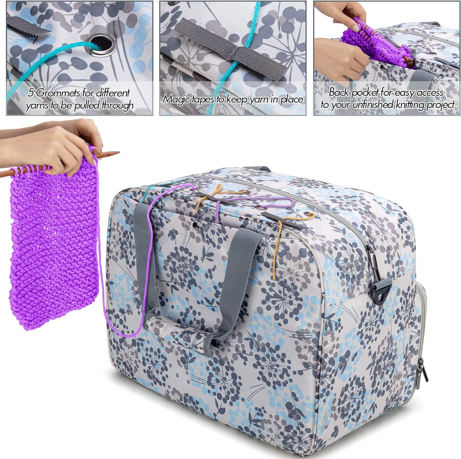Teamoy Knitting Tote with Inner Dividers for WIP, Yarn Skeins and Knitting Accessories, Yarn Storage Bag with Front Clear Window, Dandelion(Patent Design)