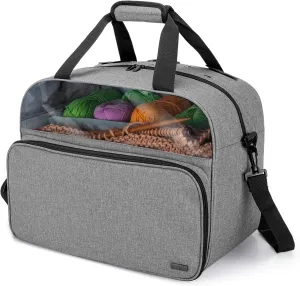 Teamoy Knitting Tote with Inner Dividers for WIP, Yarn Skeins and Knitting Accessories, Yarn Storage Bag with Front Clear Window, Gray(Patent Design)