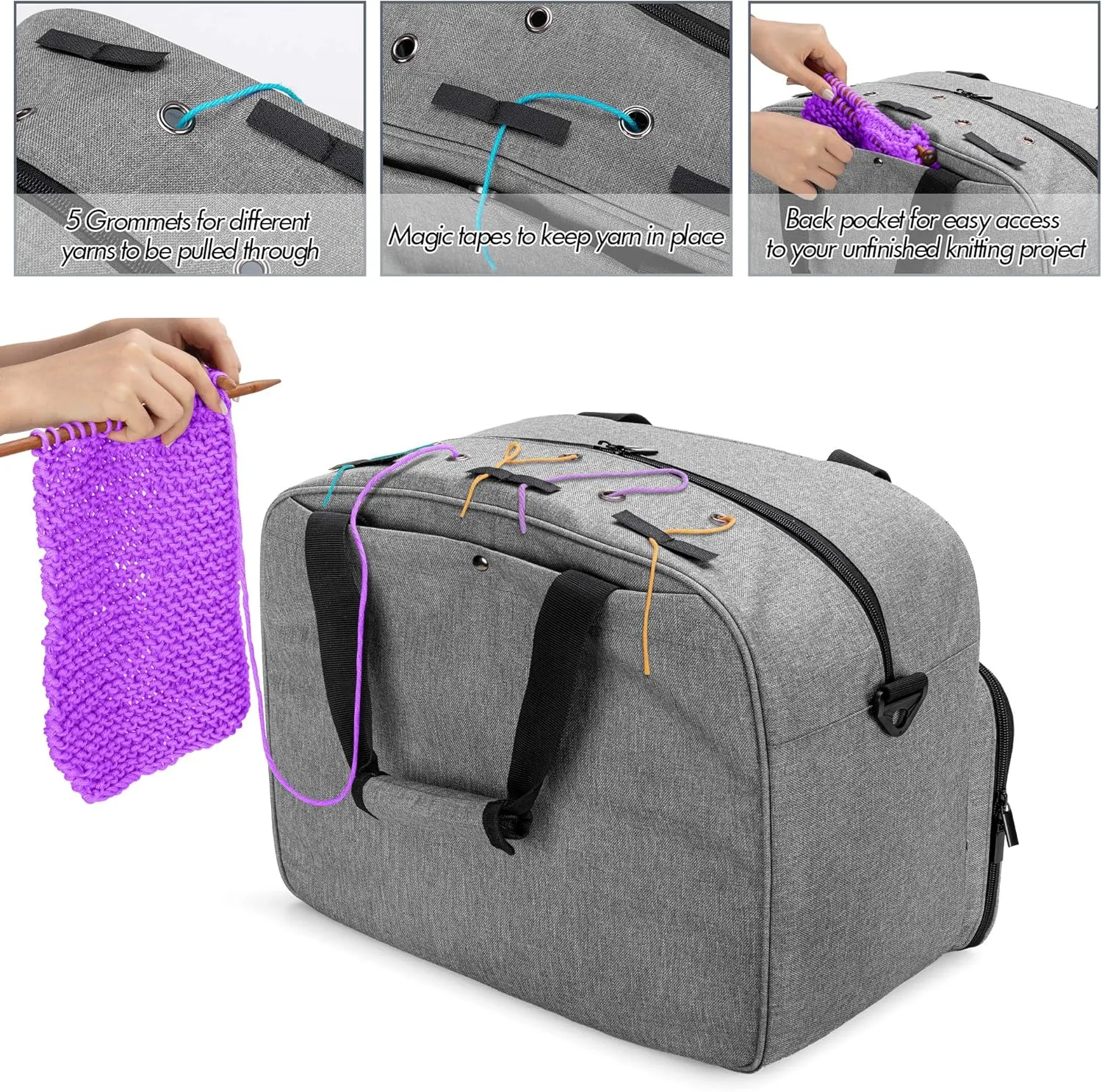 Teamoy Knitting Tote with Inner Dividers for WIP, Yarn Skeins and Knitting Accessories, Yarn Storage Bag with Front Clear Window, Gray(Patent Design)