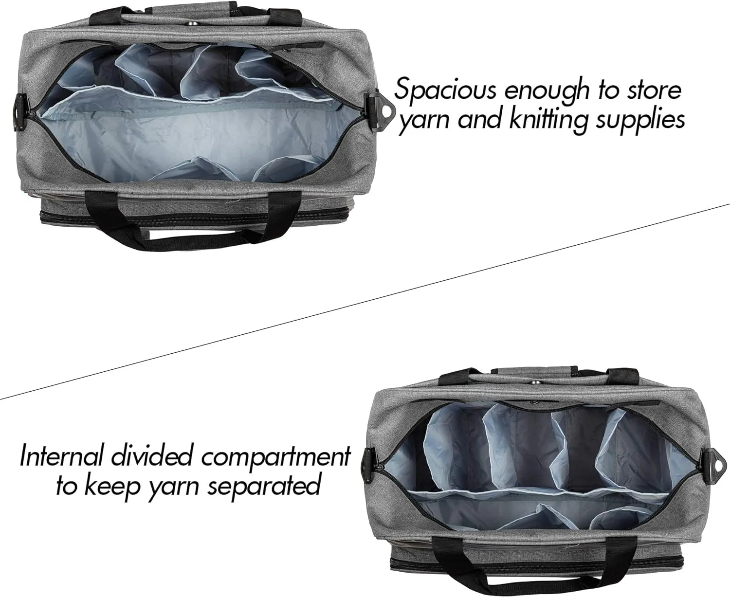 Teamoy Knitting Tote with Inner Dividers for WIP, Yarn Skeins and Knitting Accessories, Yarn Storage Bag with Front Clear Window, Gray(Patent Design)