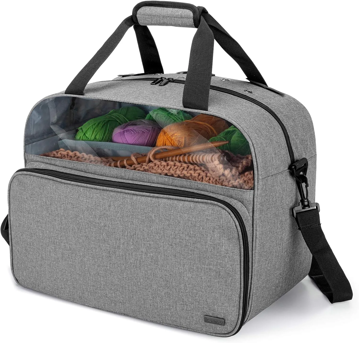 Teamoy Knitting Tote with Inner Dividers for WIP, Yarn Skeins and Knitting Accessories, Yarn Storage Bag with Front Clear Window, Gray(Patent Design)