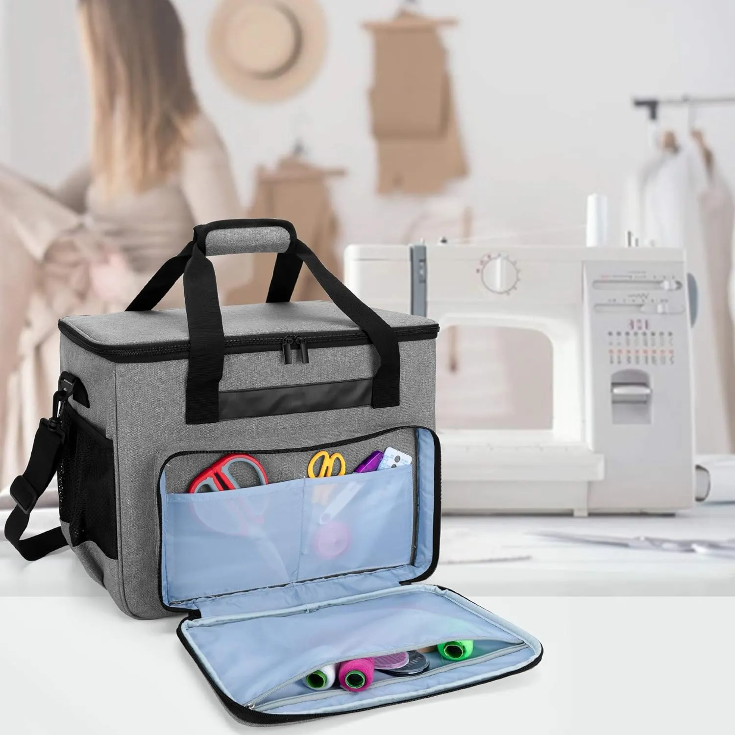 Teamoy Sewing Machine Case, Carrying Tote Bag Storage Organizer Compatible with Brother, Singer Sewing Machines and Accessories, Gray