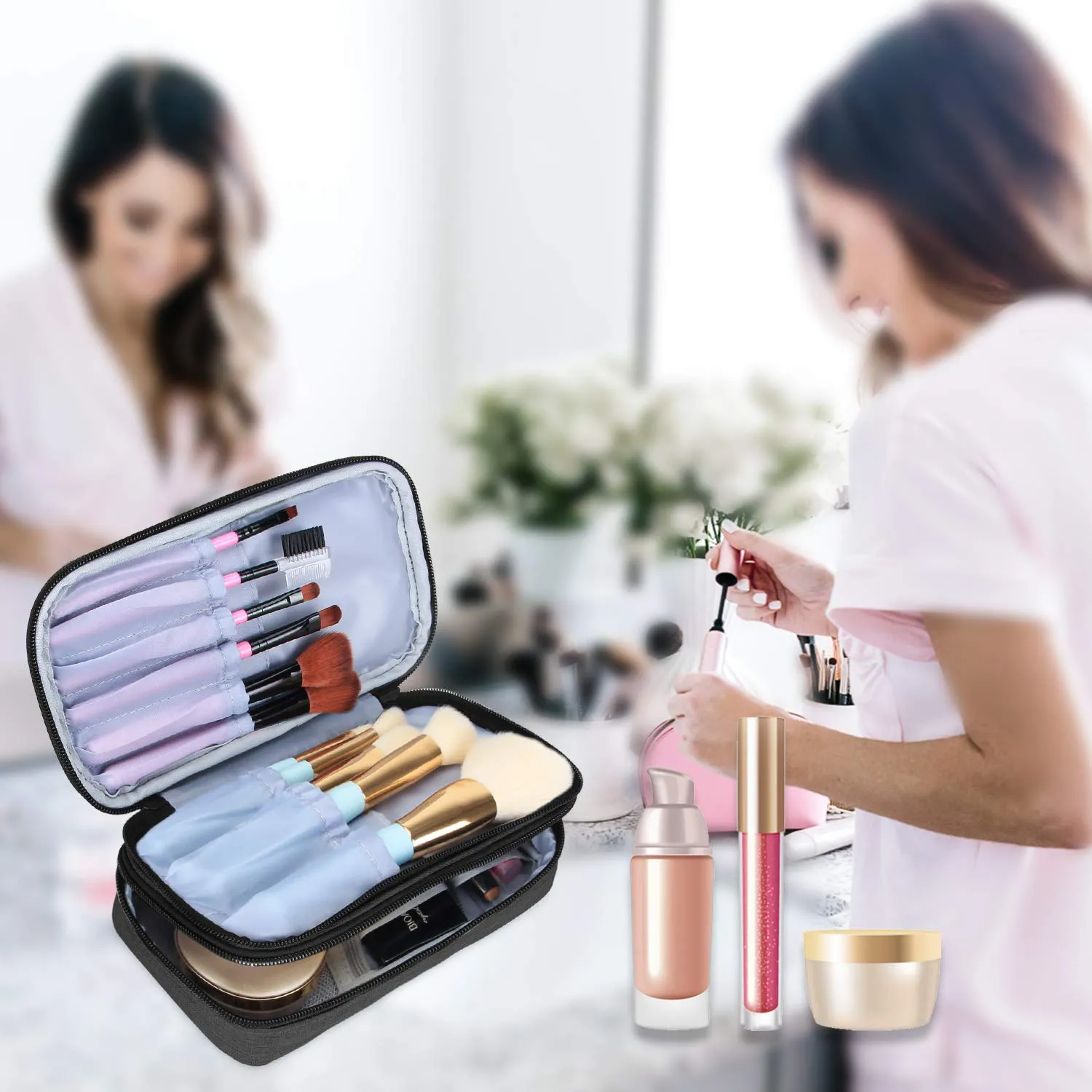 Teamoy Travel Makeup Brush Bag(up to 8.5"), Professional Cosmetic Bags Organizer Case with Handle Strap for Makeup Brushes and Beauty Supplies-Small, Black (No Accessories Included)