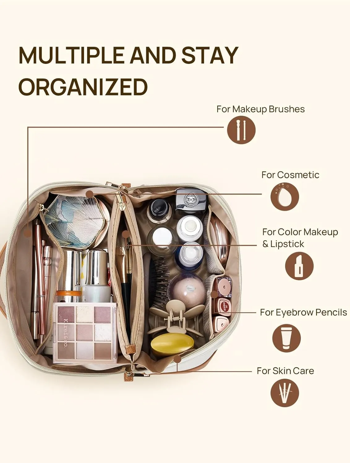 Telena Makeup Bag Large Capacity Travel Cosmetic Bag Portable PU Leather Water Resistant Makeup Organizer Bags for Women with Handle and Divider Open Flat Beige with Brown