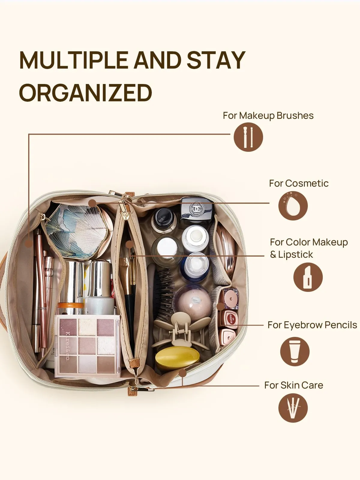 Telena Makeup Bag Large Capacity Travel Cosmetic Bag Portable PU Leather Water Resistant Makeup Organizer Bags for Women with Handle and Divider Open Flat Beige with Brown
