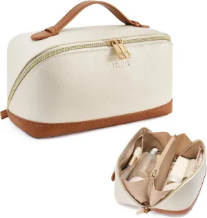 Telena Makeup Bag Large Capacity Travel Cosmetic Bag Portable PU Leather Water Resistant Makeup Organizer Bags for Women with Handle and Divider Open Flat Beige with Brown