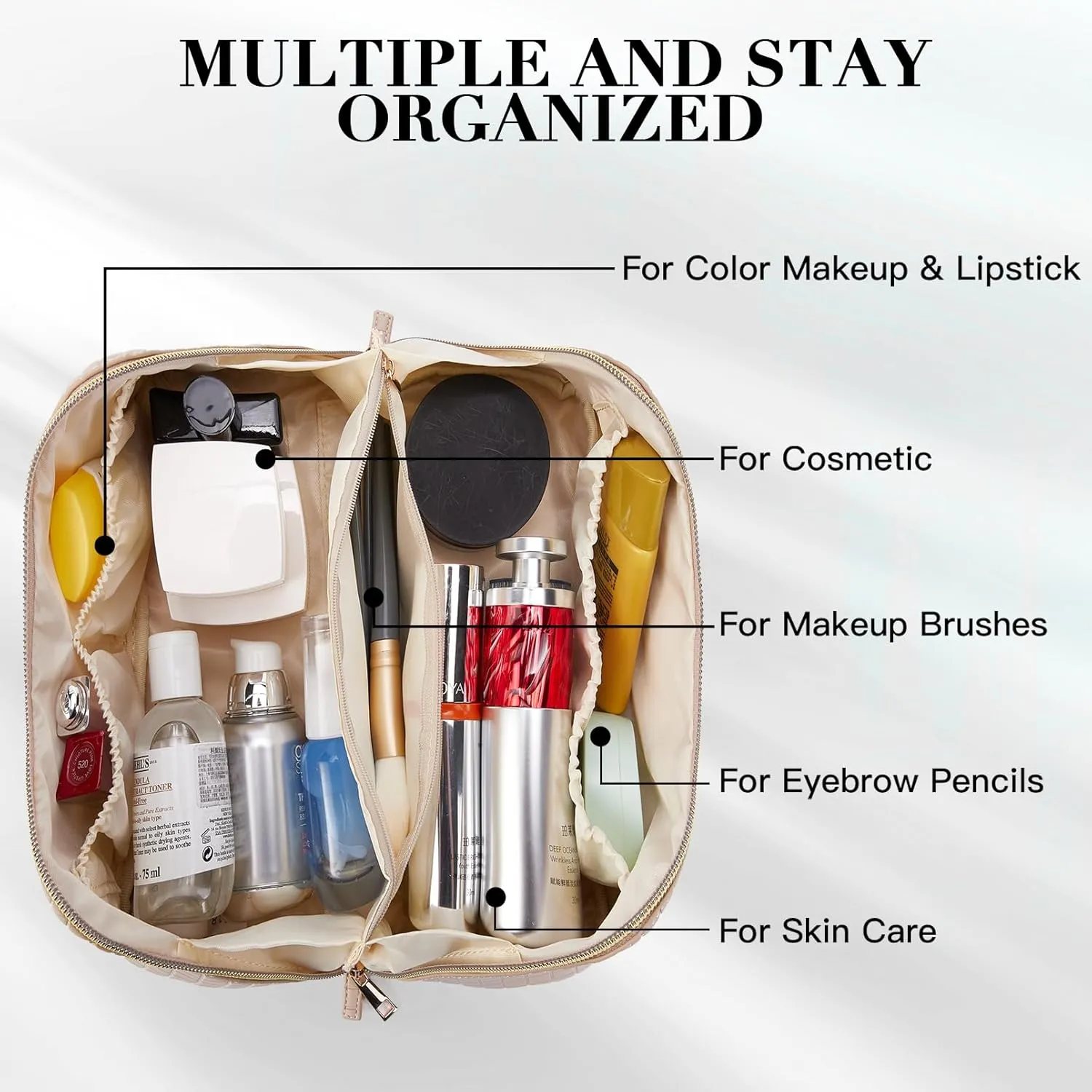 Telena Makeup Bag Large Capacity Travel Cosmetic Bag Portable PU Leather Water Resistant Makeup Organizer Bags for Women with Handle and Divider Open Flat