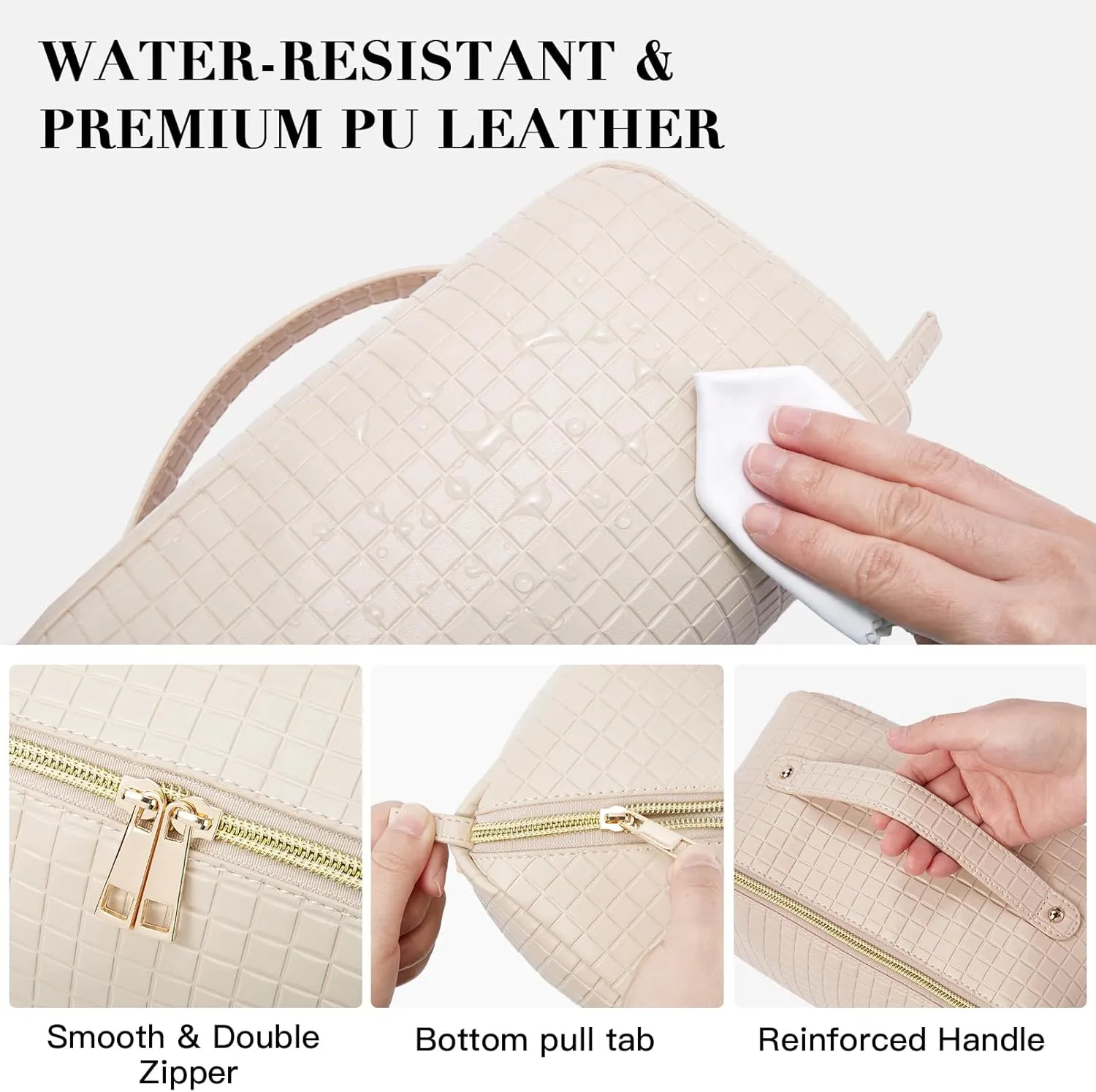 Telena Makeup Bag Large Capacity Travel Cosmetic Bag Portable PU Leather Water Resistant Makeup Organizer Bags for Women with Handle and Divider Open Flat