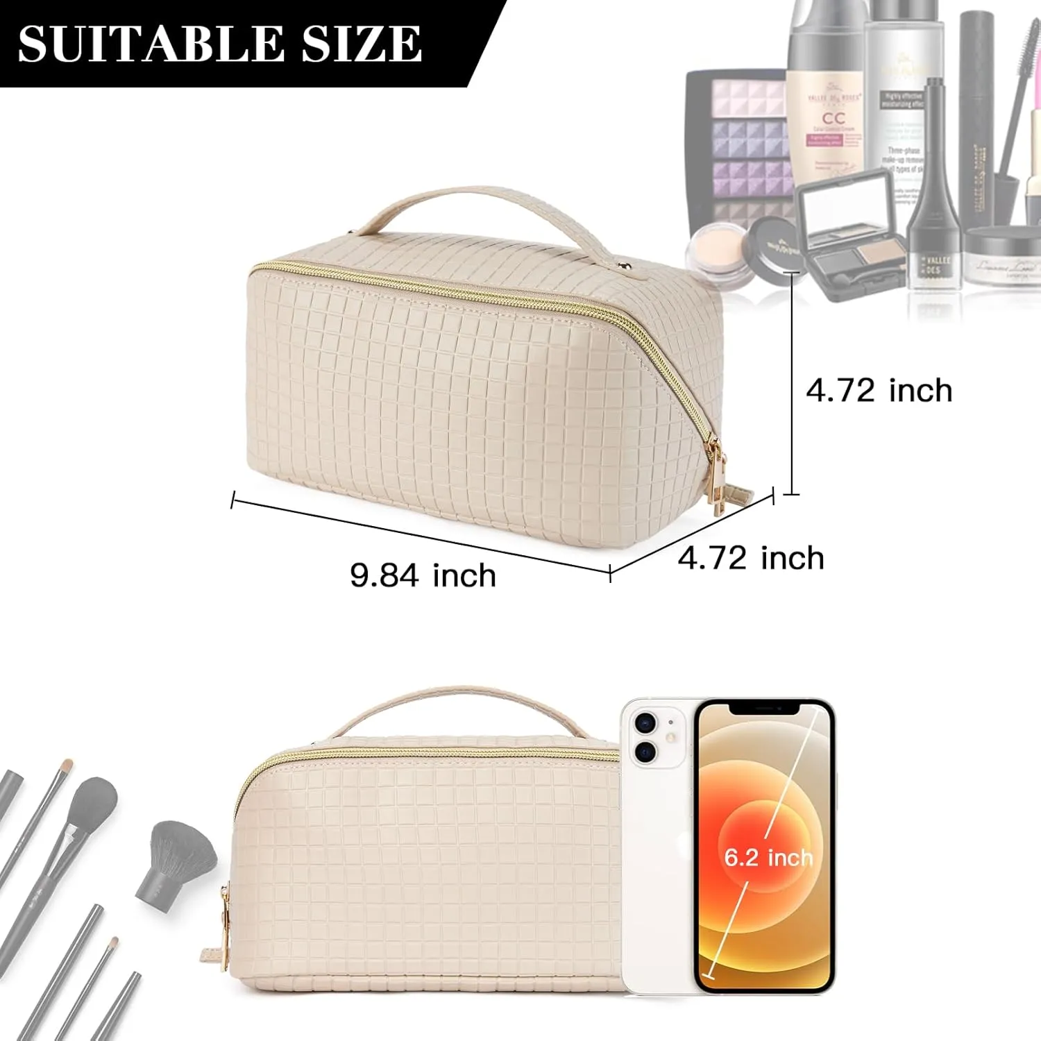 Telena Makeup Bag Large Capacity Travel Cosmetic Bag Portable PU Leather Water Resistant Makeup Organizer Bags for Women with Handle and Divider Open Flat