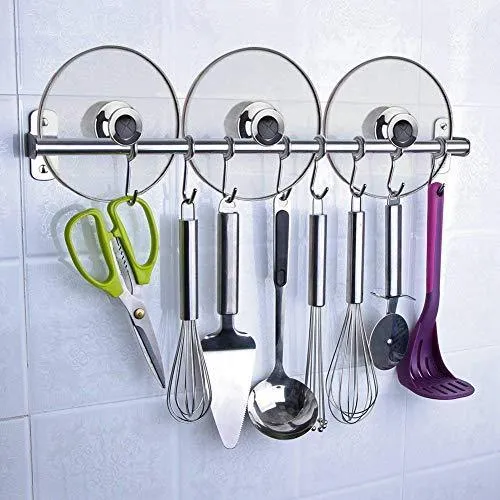 Tevizz Kitchen Utensil Rack,Wall Mounted Hanger,Space Saver Stainless Steel Rack Rail Storage Organizer Kitchen Tools for Hanging Knives, Spoon,Pot and Pan with Removable S Hooks