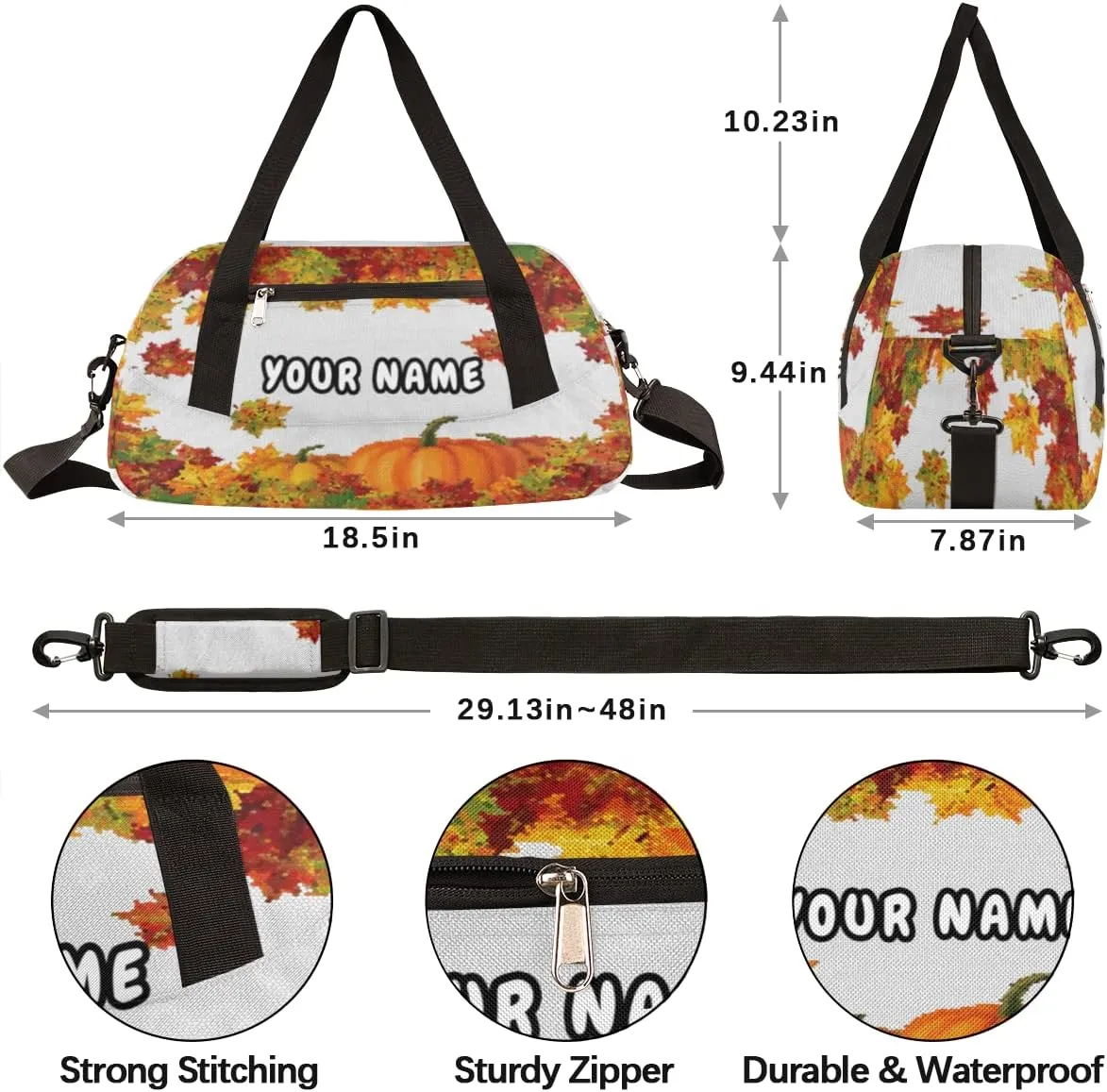 Thanksgiving Pumpkin Maple Personalized Kids Duffel Bag for Girls Boys, Pumpkin Customized Name Dance Bag Overnight Small Duffel Bag Carry On Weekend Sports Gym Travel Bag for School Practice Gymnastics Ballet