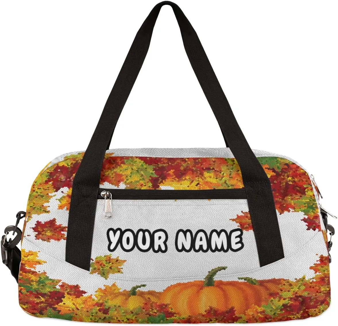 Thanksgiving Pumpkin Maple Personalized Kids Duffel Bag for Girls Boys, Pumpkin Customized Name Dance Bag Overnight Small Duffel Bag Carry On Weekend Sports Gym Travel Bag for School Practice Gymnastics Ballet