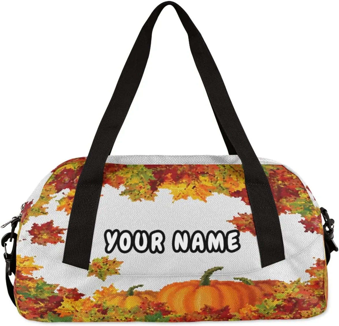 Thanksgiving Pumpkin Maple Personalized Kids Duffel Bag for Girls Boys, Pumpkin Customized Name Dance Bag Overnight Small Duffel Bag Carry On Weekend Sports Gym Travel Bag for School Practice Gymnastics Ballet